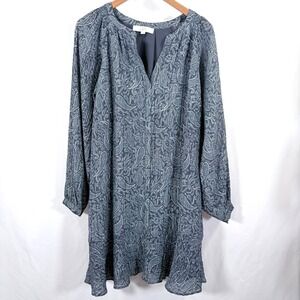 LOFT Dress Blue Paisley Print Split Neck Long Sleeve Shift Dress NWT Size M